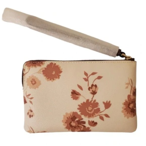 NWOT. Coach Leather Floral Wristlet w/ zipper + neutral browns + creams. - Picture 3 of 4